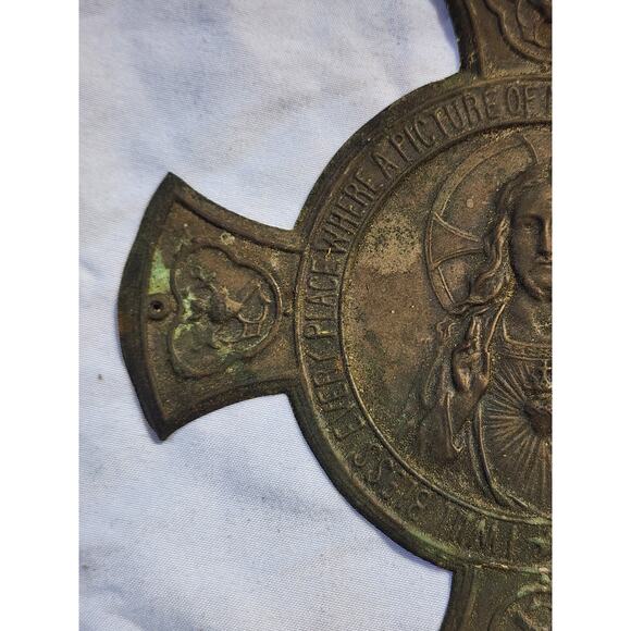 French, Antique Religious Large Door Plate. Jesus Christ, Sacred Heart. 5.6" - Picture 5 of 7